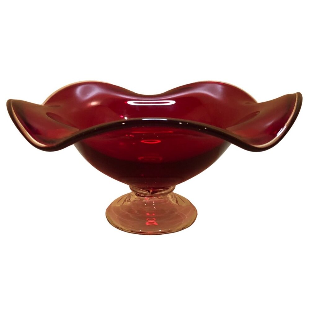 Beautiful 9" Red Scalloped Glass Bowl with clear pedestal Stand VTG
